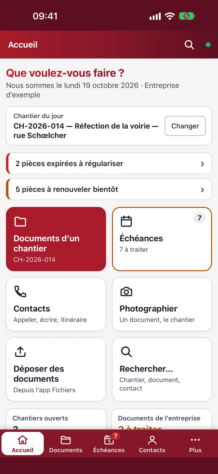 L’accueil d’Administratys sur iPhone, avec le chantier du jour