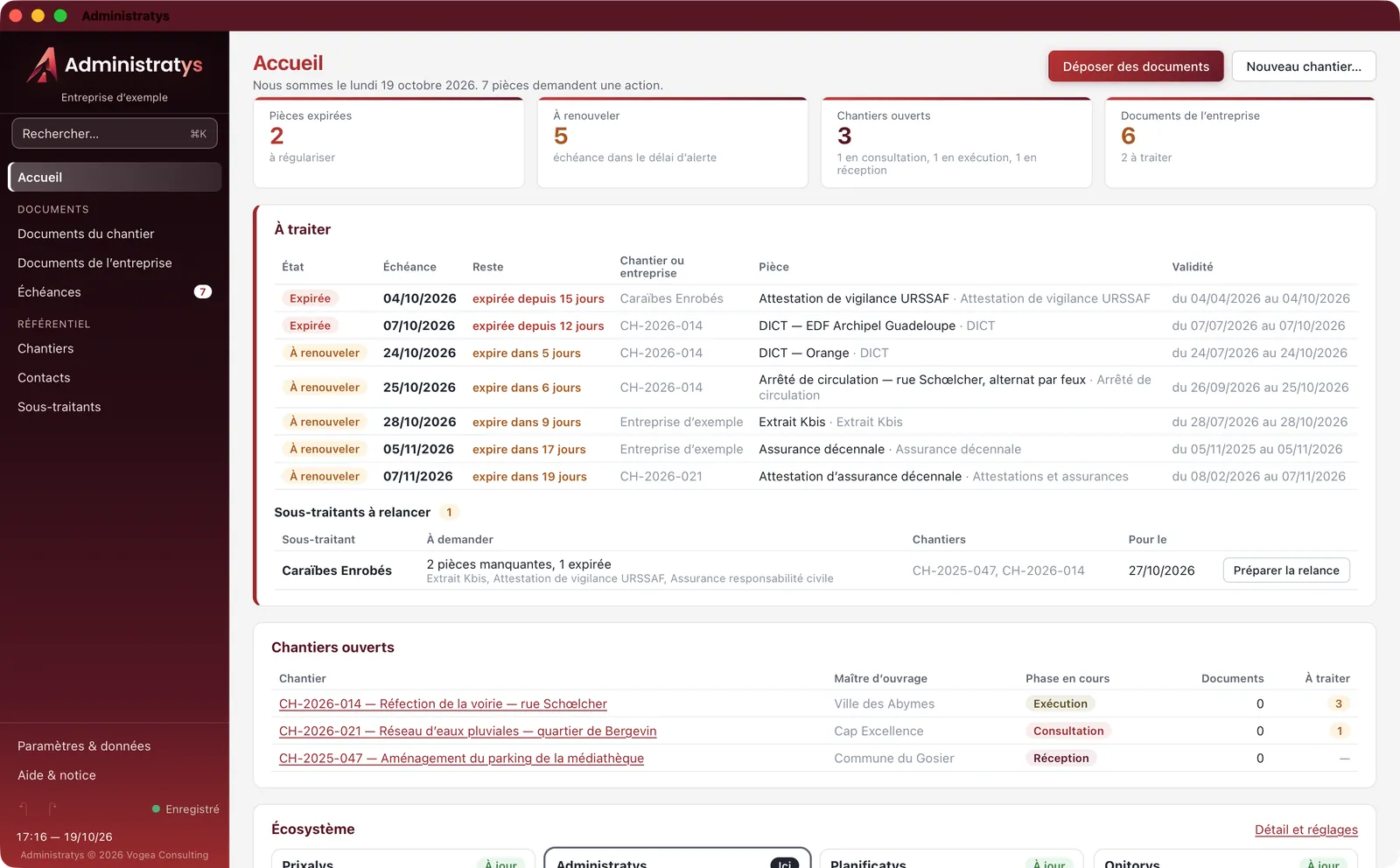 L’accueil d’Administratys sur Mac : pièces expirées et à renouveler, sous-traitants à relancer, chantiers ouverts