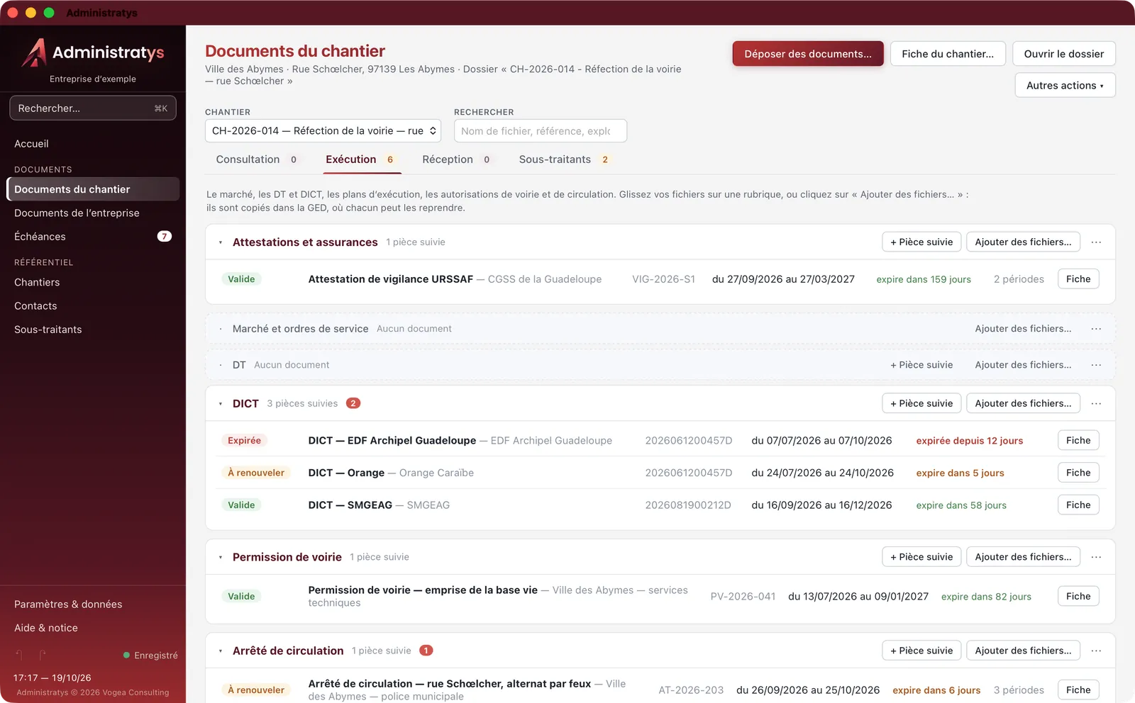 Les documents d’un chantier dans Administratys, rangés par rubrique dans la phase Exécution, avec leur validité