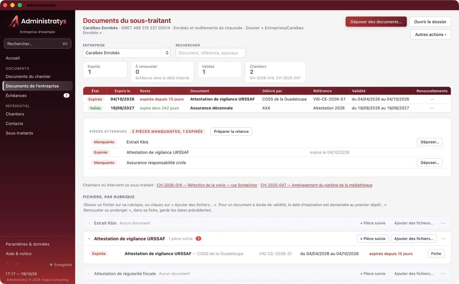Les documents d’un sous-traitant dans Administratys, avec les pièces manquantes et expirées signalées