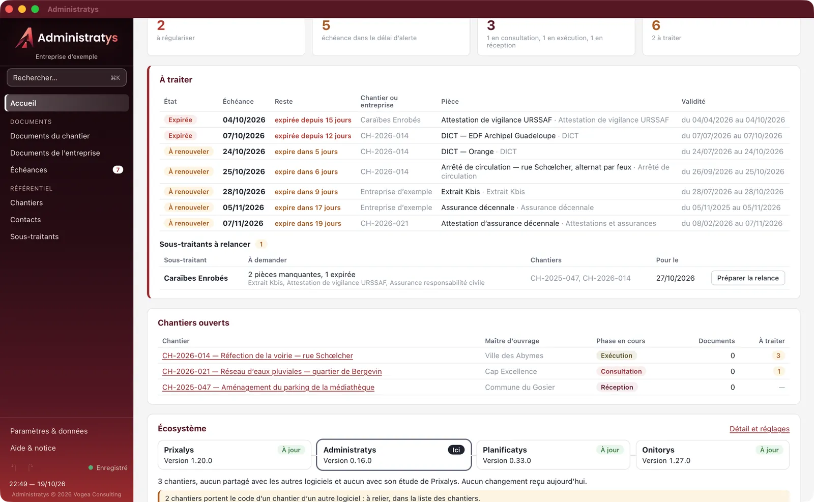 L’accueil d’Administratys : chantiers ouverts et carte de l’écosystème avec la version de chaque logiciel